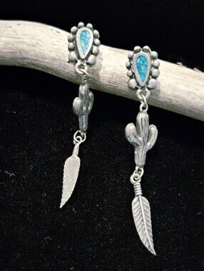 Vintage 1989 Pewter Turquoise Cactus Drop Earrings - Silver Tone